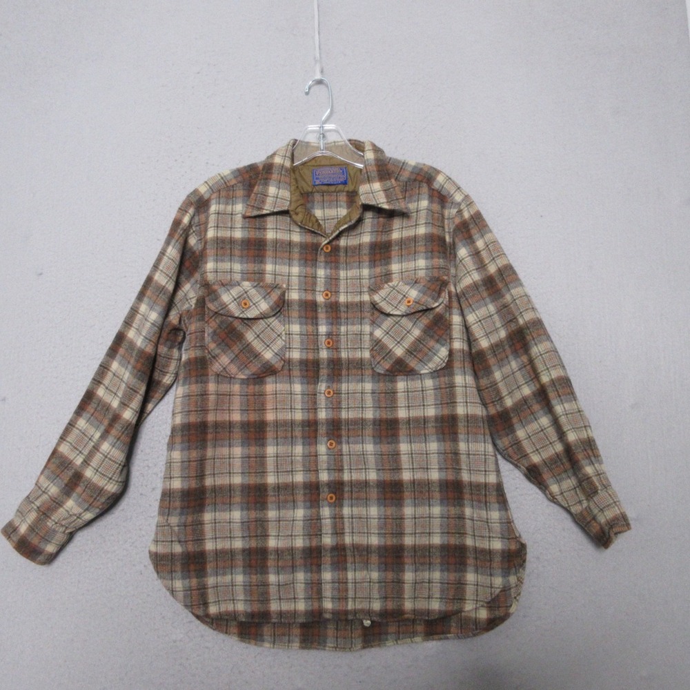 Vintage Pendleton Shirt Men Large Brown Plaid Pure‎ Wool Flap Collar USA READ